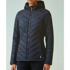 Women's Spyder Black Hybrid Quilted Puffer Hooded Lightweight Jacket Coat Sz L